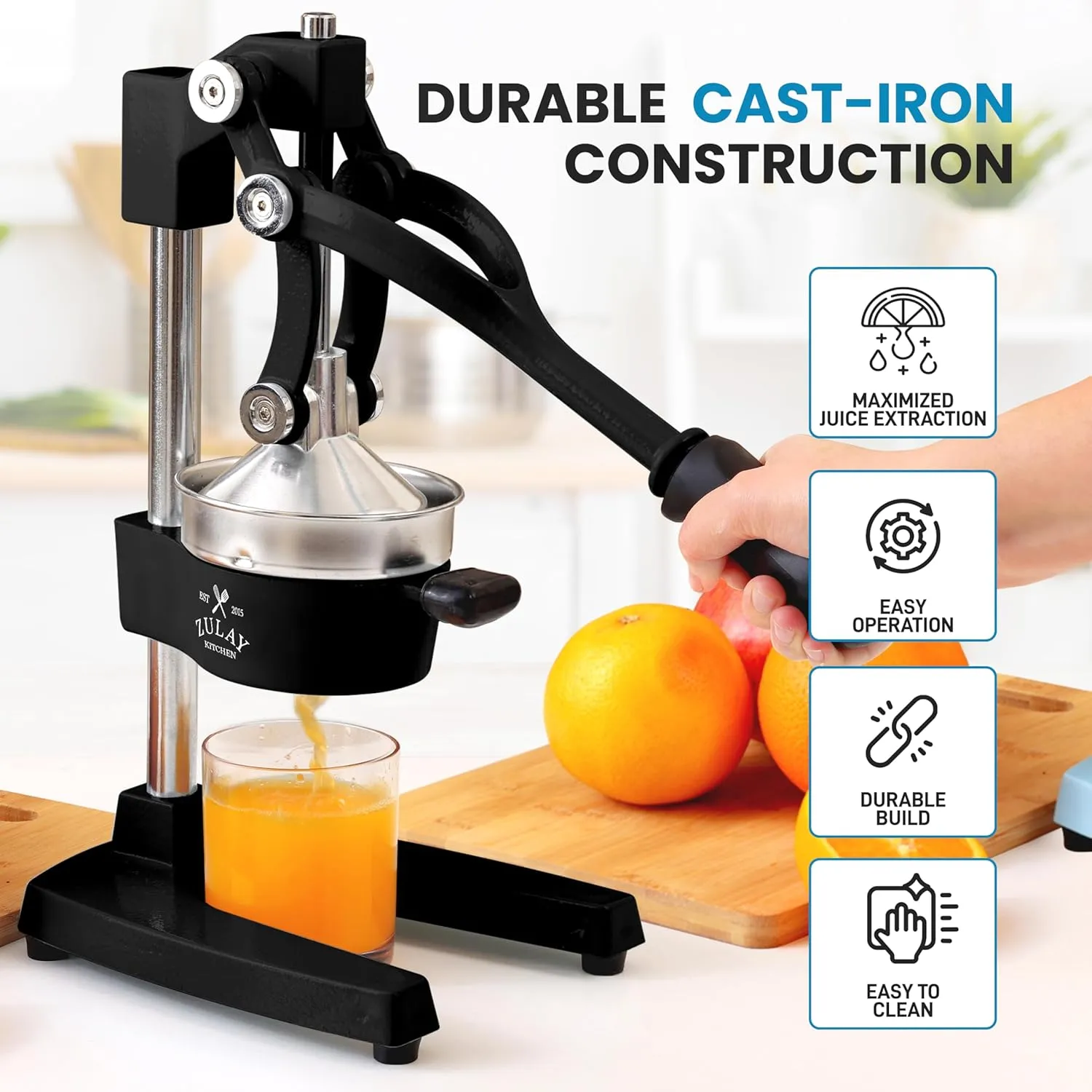 Zulay Kitchen Cast-Iron Orange Juice Squeezer - Easy-to-Clean, Heavy-Duty, Professional Citrus Juicer - Stainless Steel Lemon Squeezer - Manual Citrus Press & Orange Squeezer - Orange Juicer (Black)