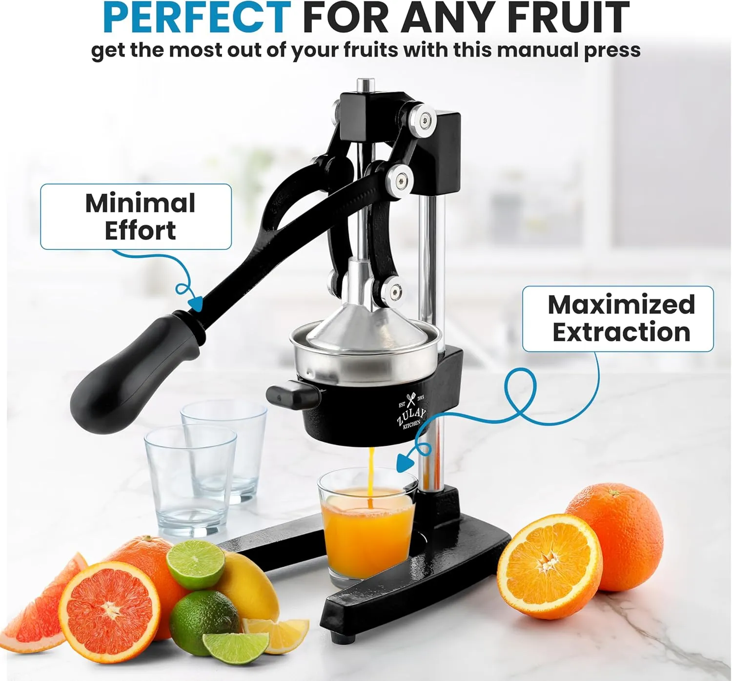 Zulay Kitchen Cast-Iron Orange Juice Squeezer - Easy-to-Clean, Heavy-Duty, Professional Citrus Juicer - Stainless Steel Lemon Squeezer - Manual Citrus Press & Orange Squeezer - Orange Juicer (Black)
