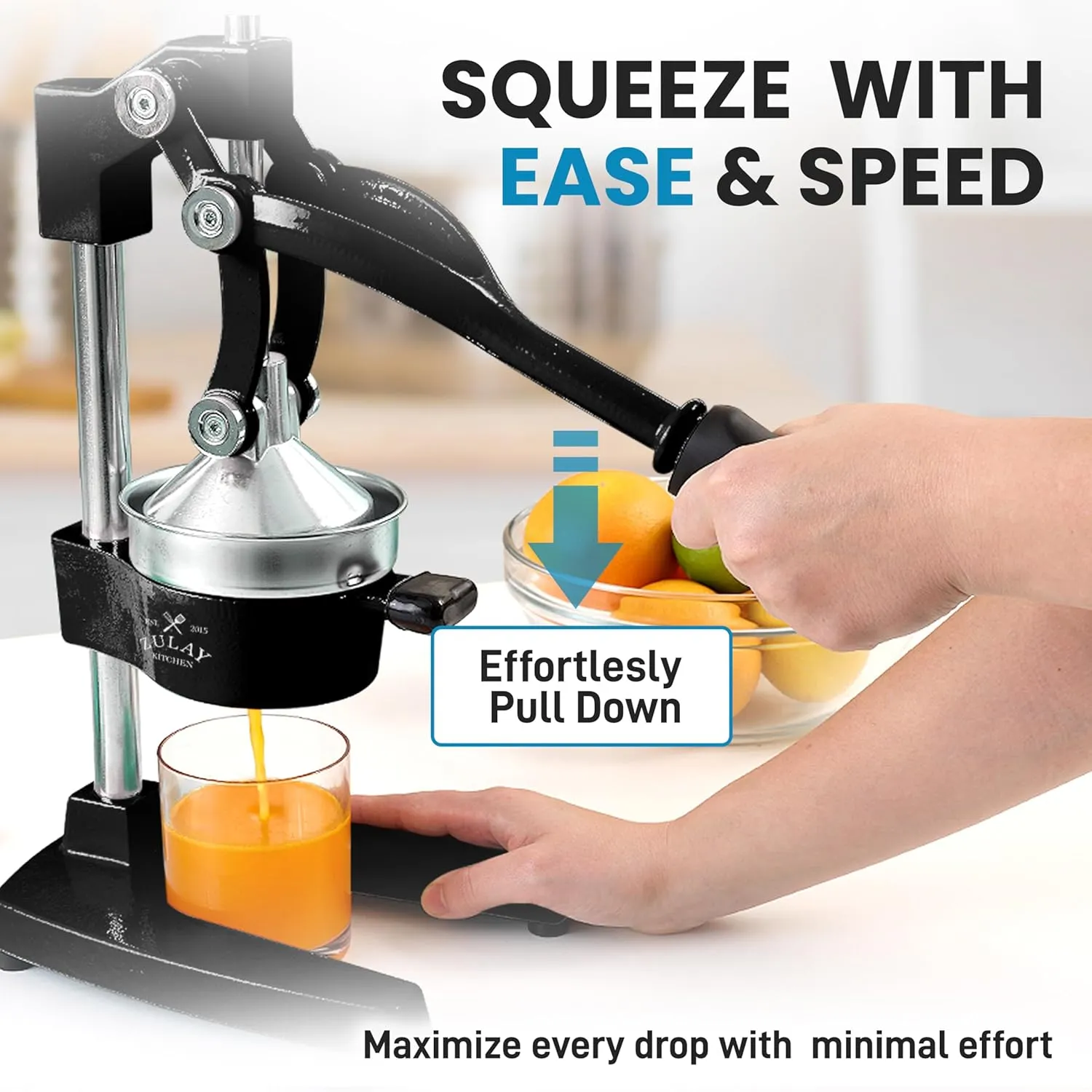 Zulay Kitchen Cast-Iron Orange Juice Squeezer - Easy-to-Clean, Heavy-Duty, Professional Citrus Juicer - Stainless Steel Lemon Squeezer - Manual Citrus Press & Orange Squeezer - Orange Juicer (Black)