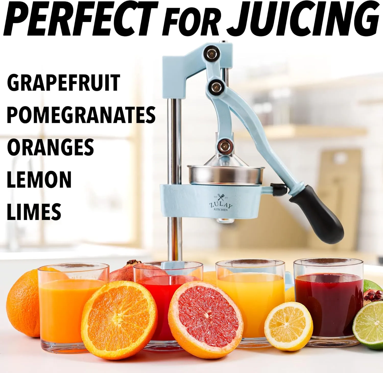 Zulay Kitchen Cast-Iron Orange Juice Squeezer - Heavy-Duty, Easy-to-Clean, Professional Citrus Juicer - Durable Stainless Steel Lemon Squeezer - Sturdy Manual Citrus Press & Orange Squeezer (Blue)