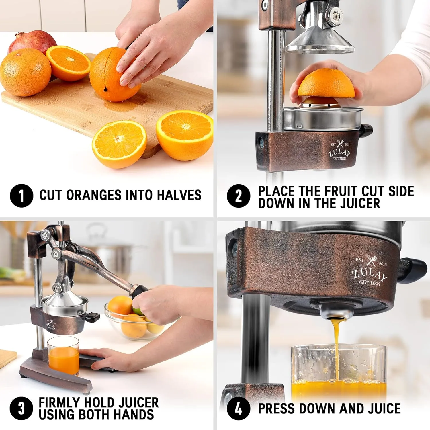 Zulay Kitchen Cast-Iron Orange Juice Squeezer - Heavy-Duty, Easy-to-Clean, Professional Citrus Juicer - Durable Stainless Steel Lemon Squeezer - Sturdy Manual Citrus Press & Orange Squeezer (Copper)