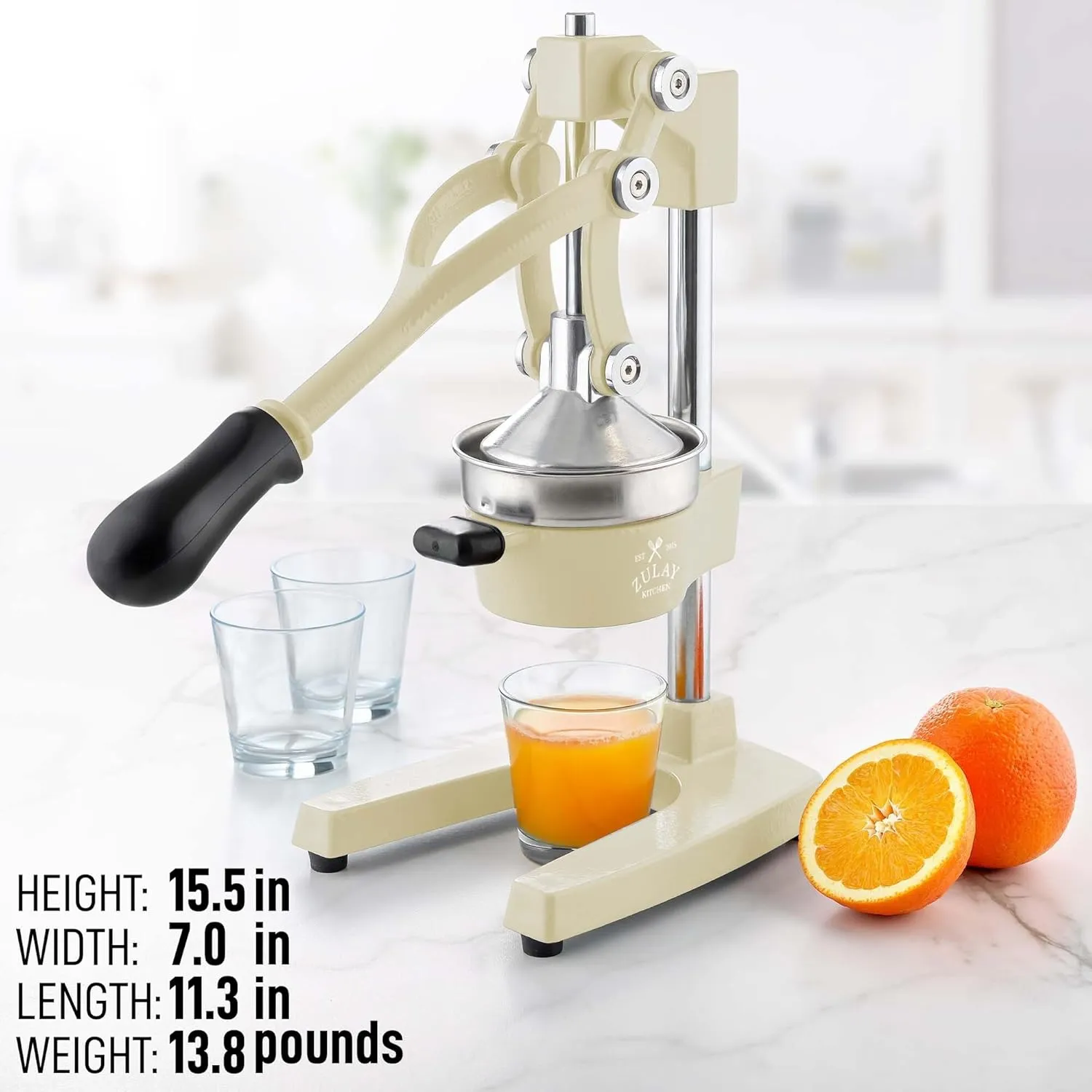 Zulay Kitchen Cast-Iron Orange Juice Squeezer - Heavy-Duty, Easy-to-Clean, Professional Citrus Juicer - Durable Stainless Steel Lemon Squeezer - Sturdy Manual Citrus Press & Orange Squeezer (Cream)