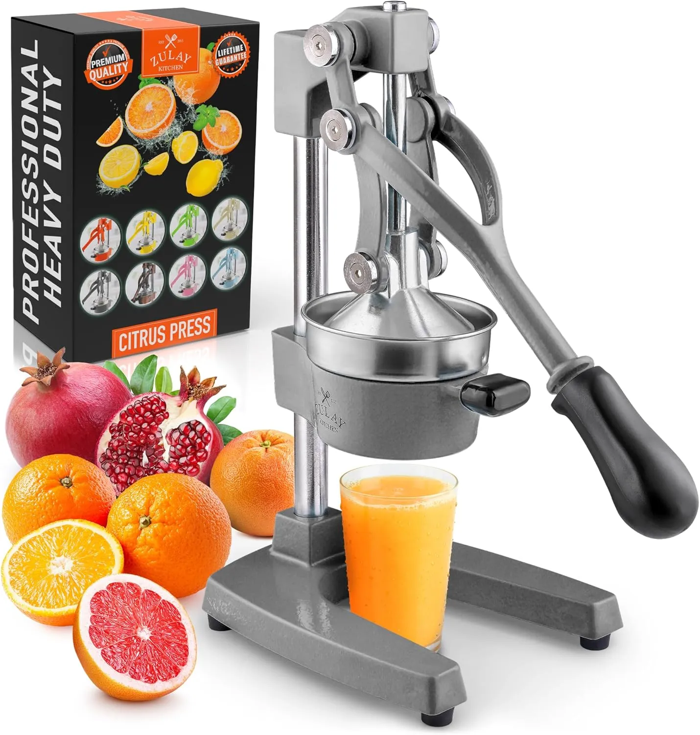 Zulay Kitchen Cast-Iron Orange Juice Squeezer - Heavy-Duty, Easy-to-Clean, Professional Citrus Juicer - Durable Stainless Steel Lemon Squeezer - Sturdy Manual Citrus Press & Orange Squeezer (Gray)