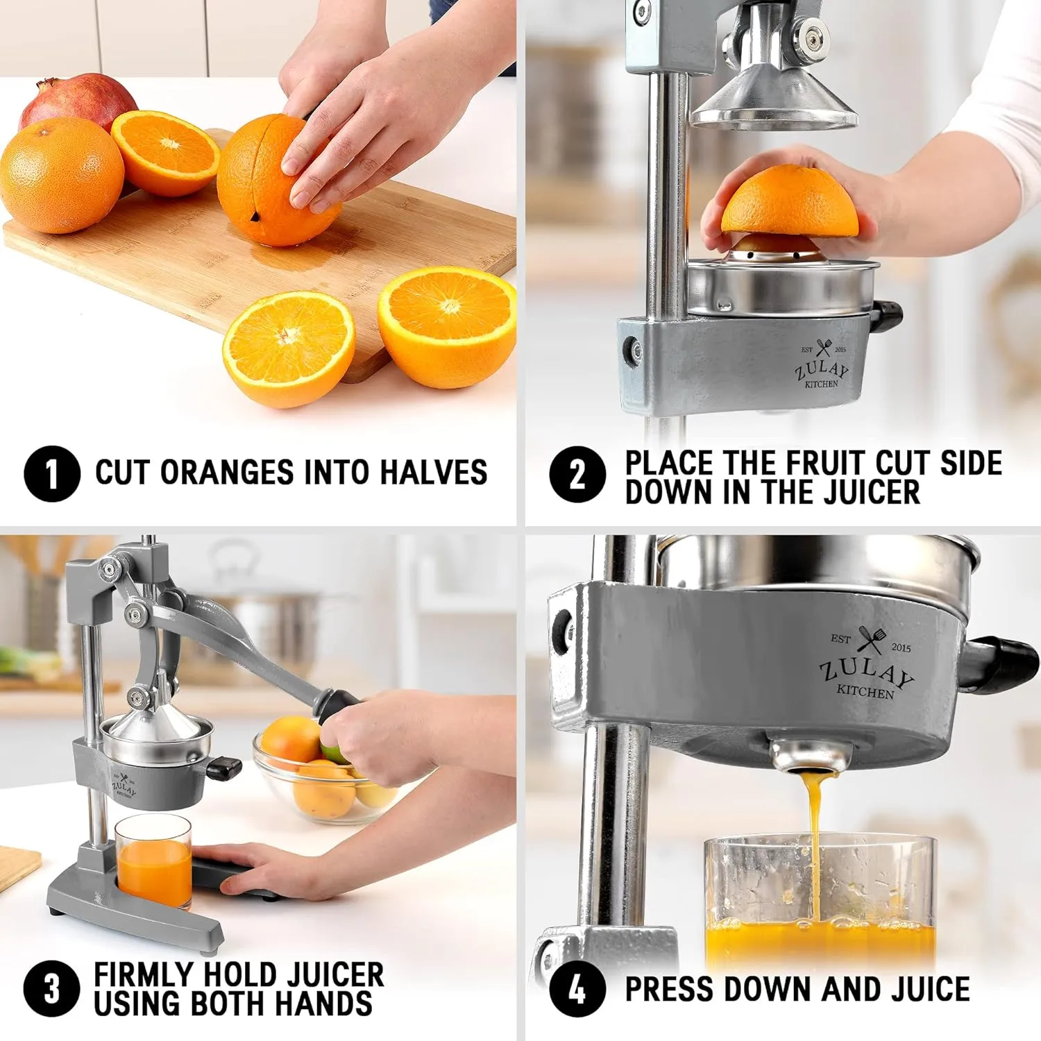 Zulay Kitchen Cast-Iron Orange Juice Squeezer - Heavy-Duty, Easy-to-Clean, Professional Citrus Juicer - Durable Stainless Steel Lemon Squeezer - Sturdy Manual Citrus Press & Orange Squeezer (Gray)