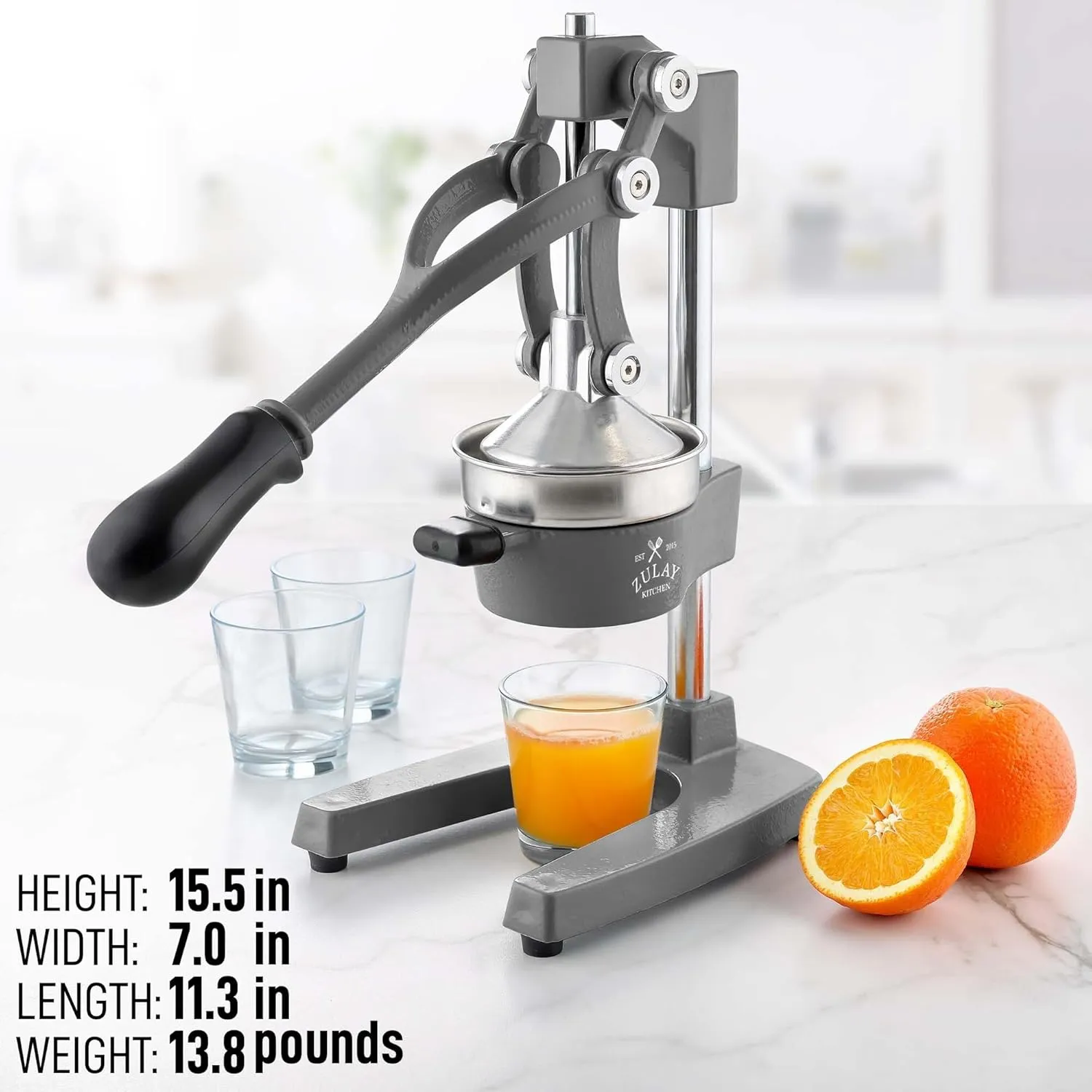 Zulay Kitchen Cast-Iron Orange Juice Squeezer - Heavy-Duty, Easy-to-Clean, Professional Citrus Juicer - Durable Stainless Steel Lemon Squeezer - Sturdy Manual Citrus Press & Orange Squeezer (Gray)