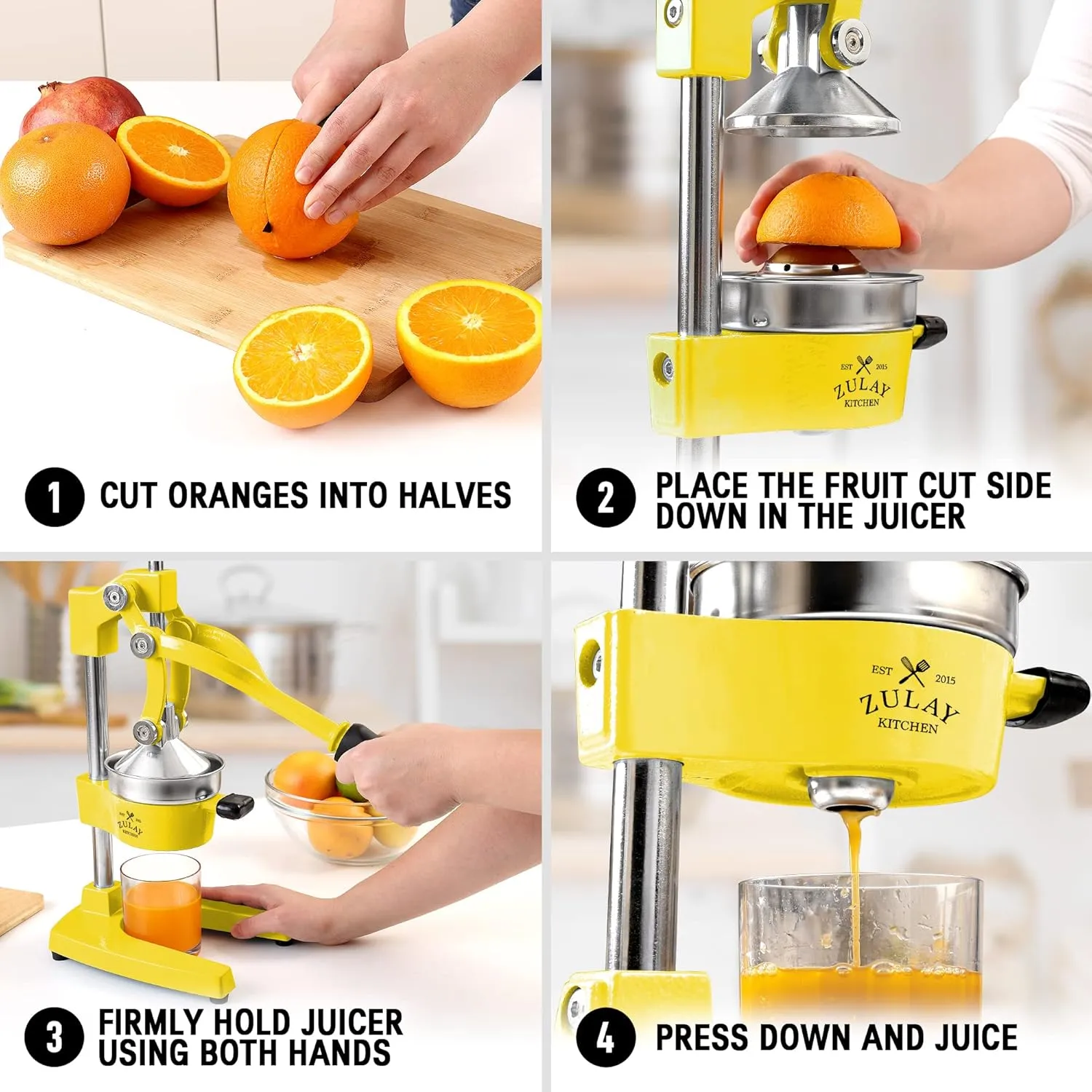 Zulay Kitchen Cast-Iron Orange Juice Squeezer - Heavy-Duty, Easy-to-Clean, Professional Citrus Juicer - Durable Stainless Steel Lemon Squeezer - Sturdy Manual Citrus Press & Orange Squeezer (Yellow)