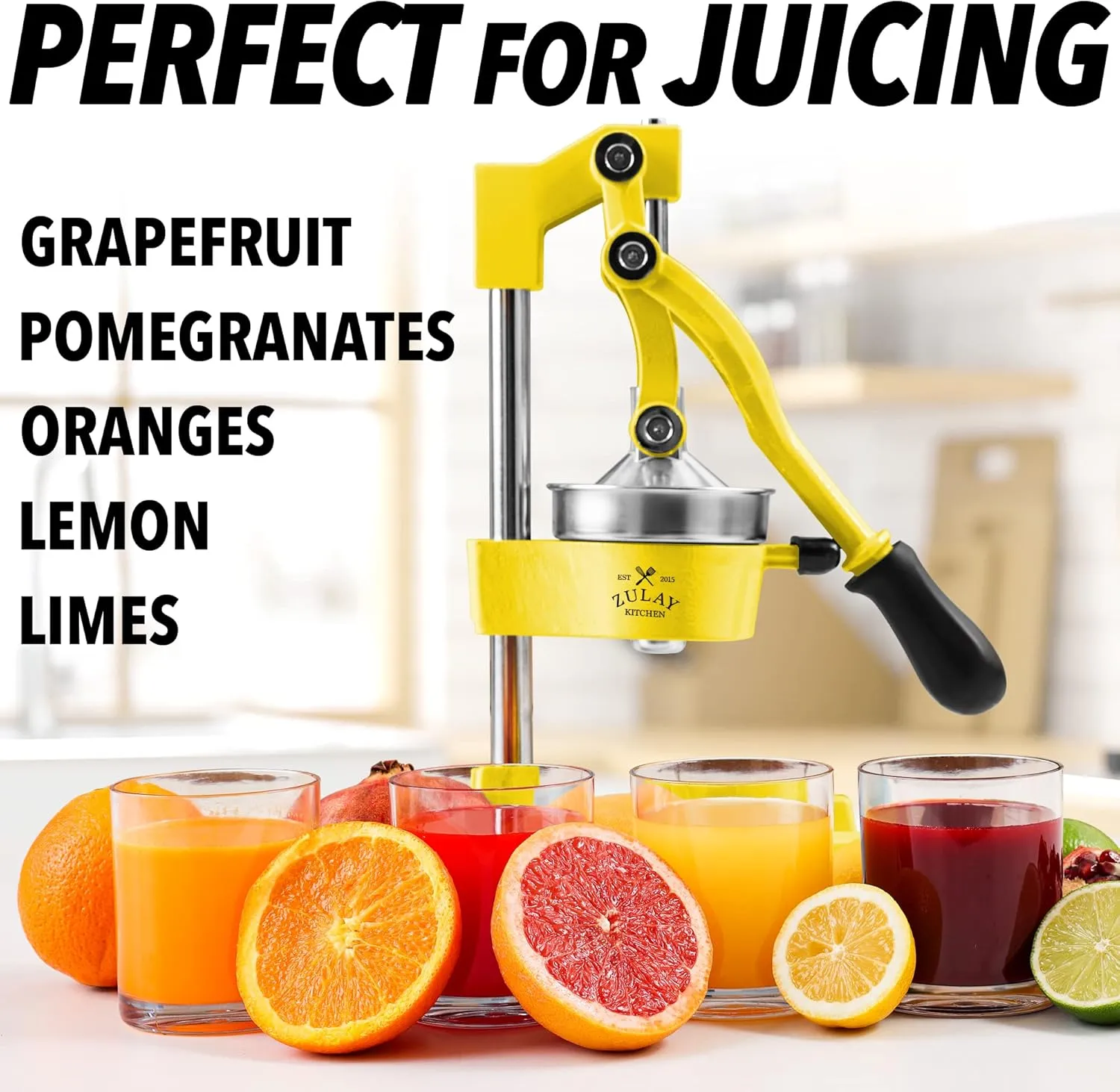 Zulay Kitchen Cast-Iron Orange Juice Squeezer - Heavy-Duty, Easy-to-Clean, Professional Citrus Juicer - Durable Stainless Steel Lemon Squeezer - Sturdy Manual Citrus Press & Orange Squeezer (Yellow)