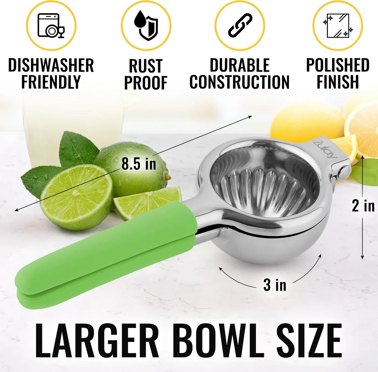 Zulay Lemon Squeezer Stainless Steel with Premium Heavy Duty Solid Metal Squeezer Bowl and Food Grade Silicone Handle - Large Manual Citrus Press Juicer and Lime Squeezer Stainless Steel (Light Green)