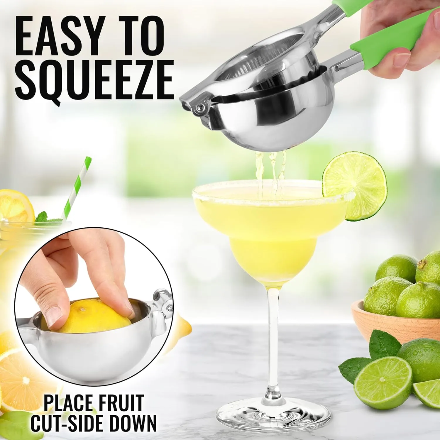 Zulay Lemon Squeezer Stainless Steel with Premium Heavy Duty Solid Metal Squeezer Bowl and Food Grade Silicone Handle - Large Manual Citrus Press Juicer and Lime Squeezer Stainless Steel (Light Green)