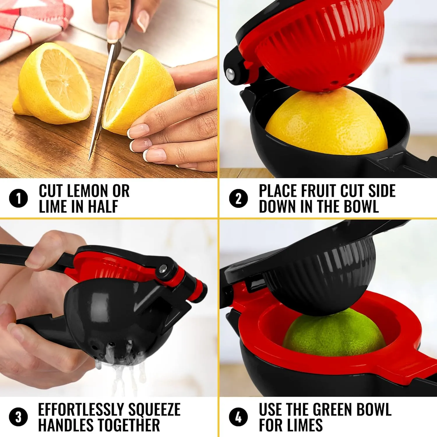 Zulay Metal 2-In-1 Lemon Squeezer Manual - Sturdy, Max Extraction Hand Juicer Lemon Squeezer Gets Every Last Drop - Easy to Clean Manual Citrus Juicer - Easy-to-Use Lemon Juicer Squeezer - Black/Red