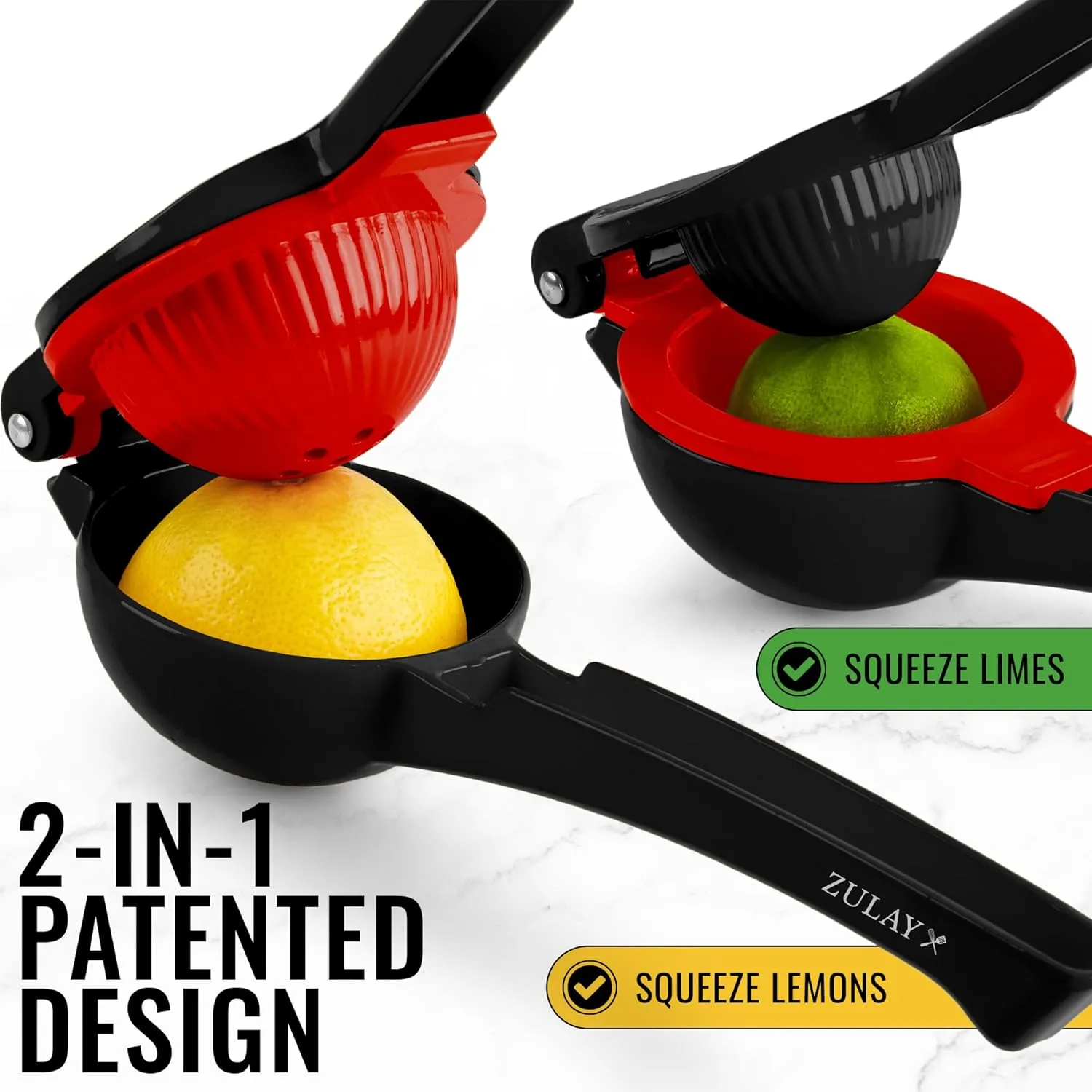 Zulay Metal 2-In-1 Lemon Squeezer Manual - Sturdy, Max Extraction Hand Juicer Lemon Squeezer Gets Every Last Drop - Easy to Clean Manual Citrus Juicer - Easy-to-Use Lemon Juicer Squeezer - Black/Red