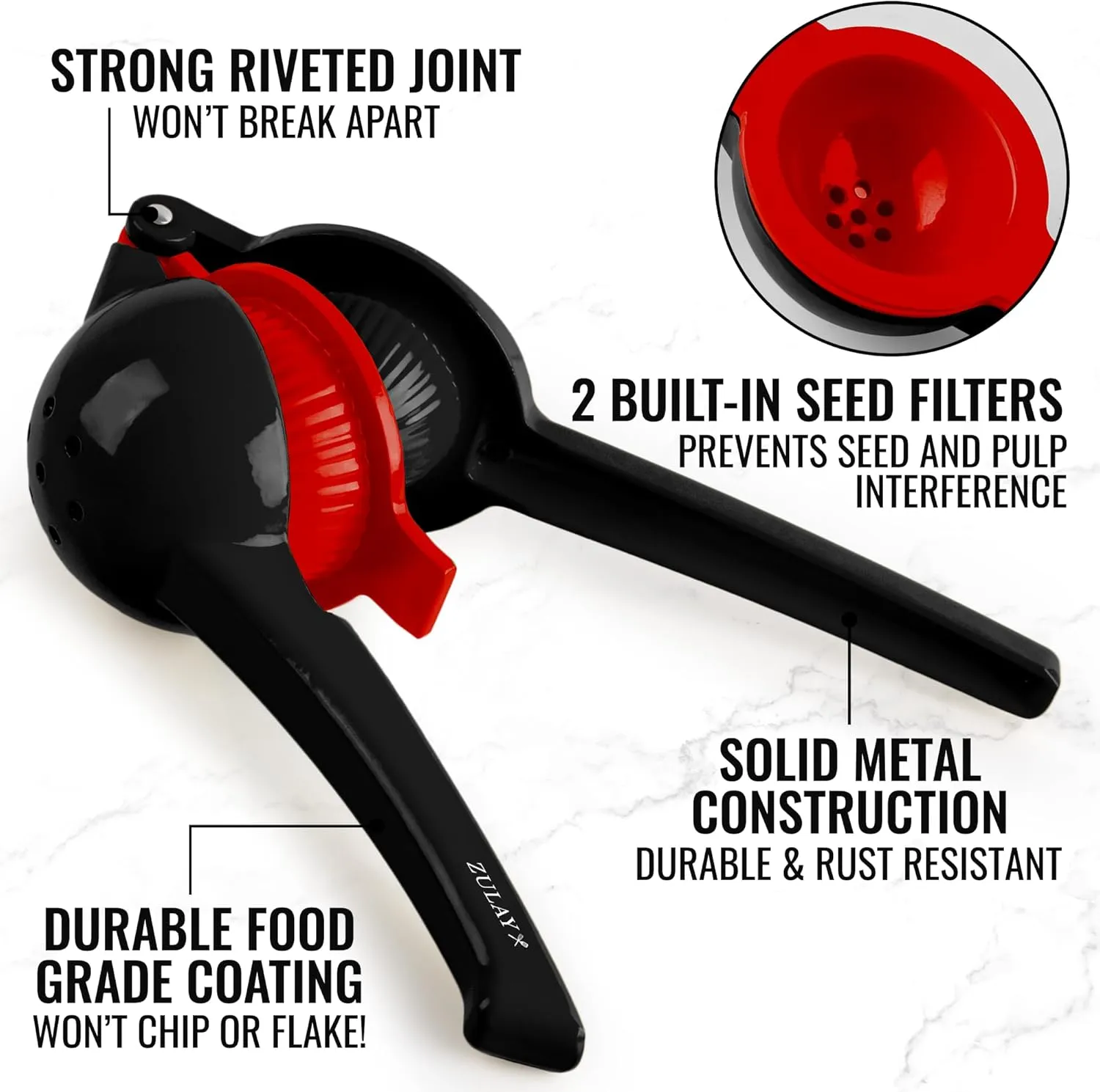 Zulay Metal 2-In-1 Lemon Squeezer Manual - Sturdy, Max Extraction Hand Juicer Lemon Squeezer Gets Every Last Drop - Easy to Clean Manual Citrus Juicer - Easy-to-Use Lemon Juicer Squeezer - Black/Red