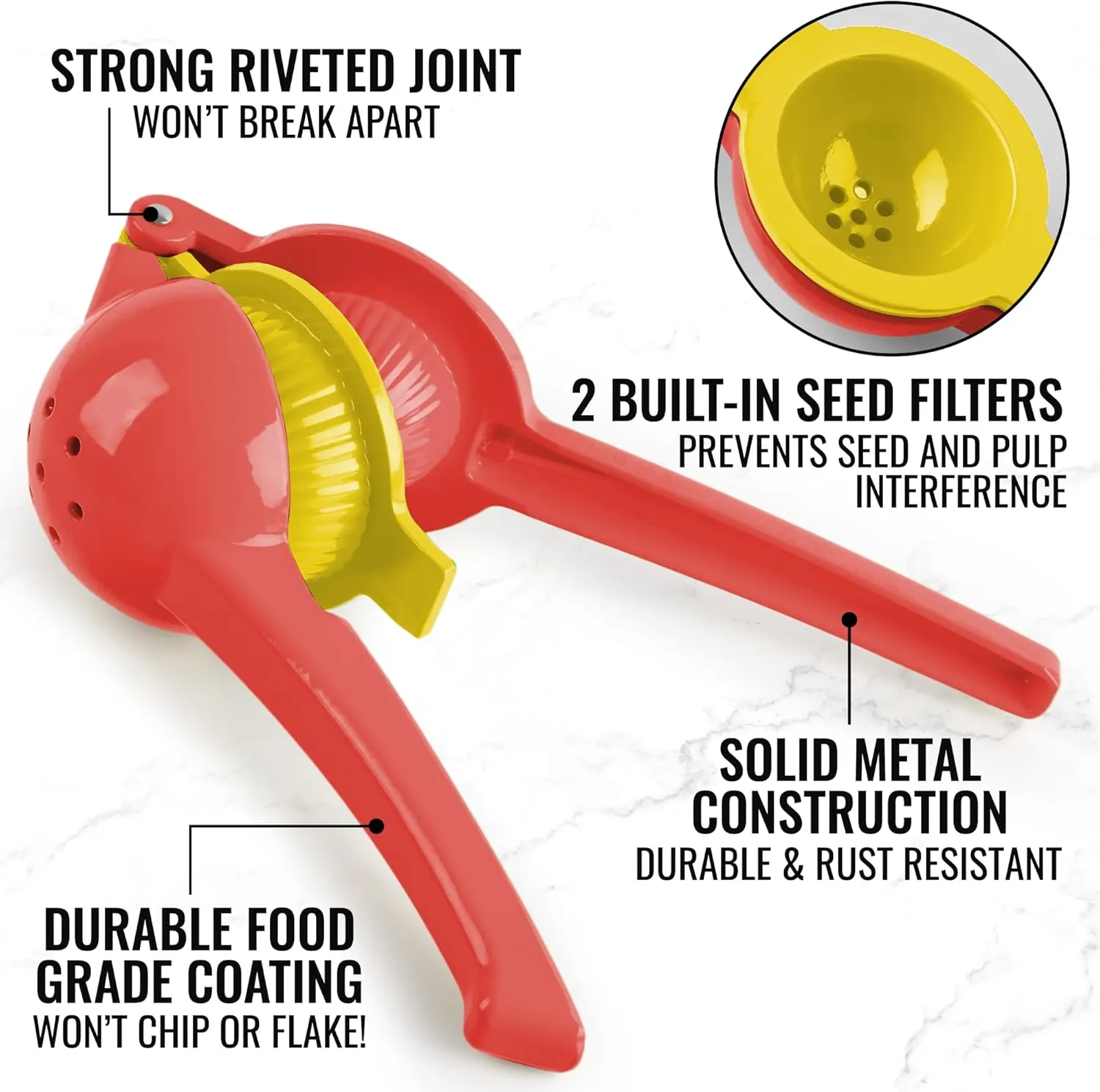 Zulay Metal 2-In-1 Lemon Squeezer Manual - Sturdy, Max Extraction Hand Juicer Lemon Squeezer Gets Every Last Drop - Easy to Clean Manual Citrus Juicer - Easy-to-Use Lemon Juicer Squeezer - Red/Yellow