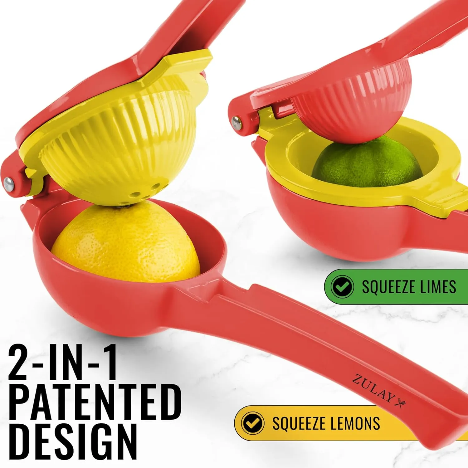 Zulay Metal 2-In-1 Lemon Squeezer Manual - Sturdy, Max Extraction Hand Juicer Lemon Squeezer Gets Every Last Drop - Easy to Clean Manual Citrus Juicer - Easy-to-Use Lemon Juicer Squeezer - Red/Yellow