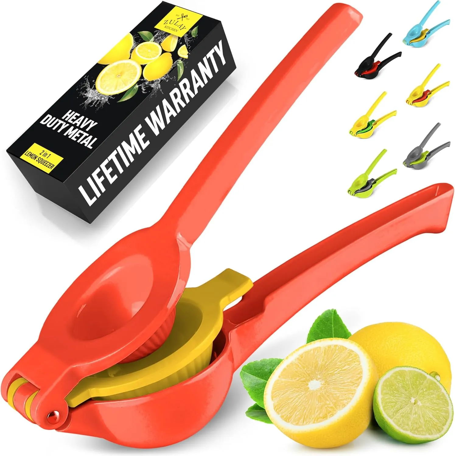 Zulay Metal 2-In-1 Lemon Squeezer Manual - Sturdy, Max Extraction Hand Juicer Lemon Squeezer Gets Every Last Drop - Easy to Clean Manual Citrus Juicer - Easy-to-Use Lemon Juicer Squeezer - Red/Yellow